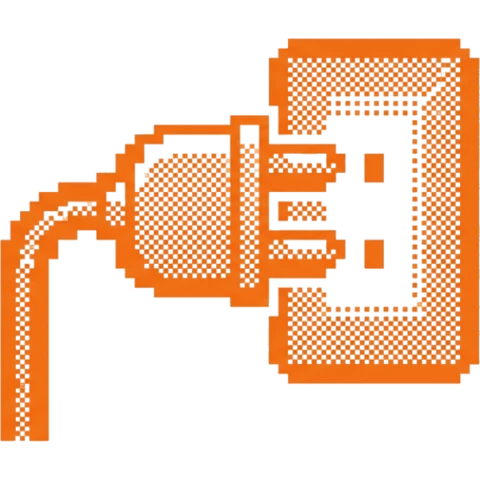 Dithered pixel-art of a plug connecting into a socket