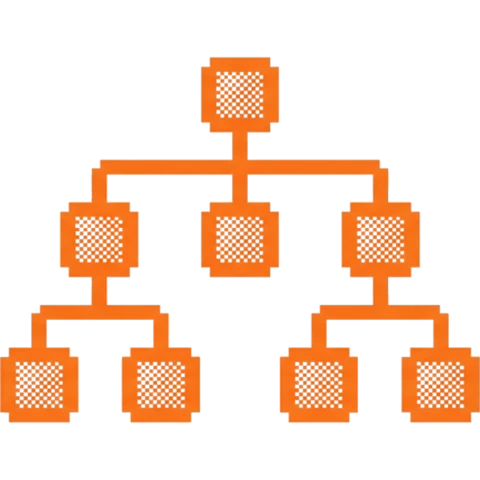 Dithered pixel-art of a branching workflow map