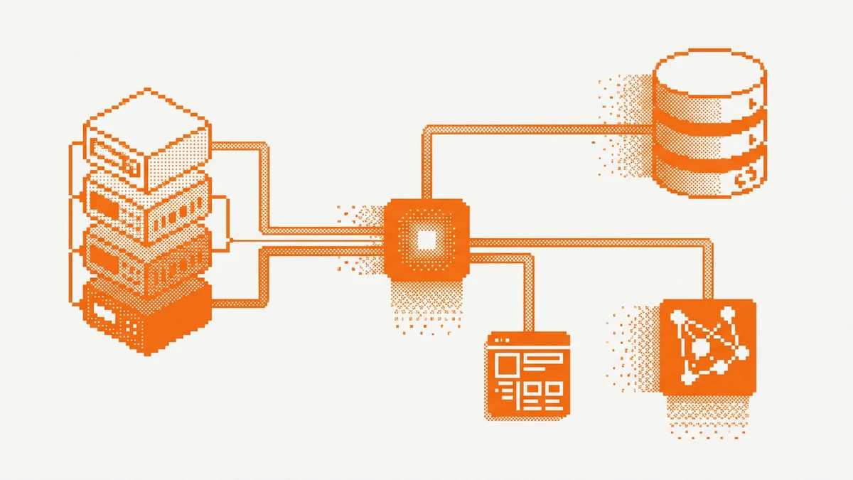 Dithered pixel-art of a hub wiring into a stack of systems, a database and apps