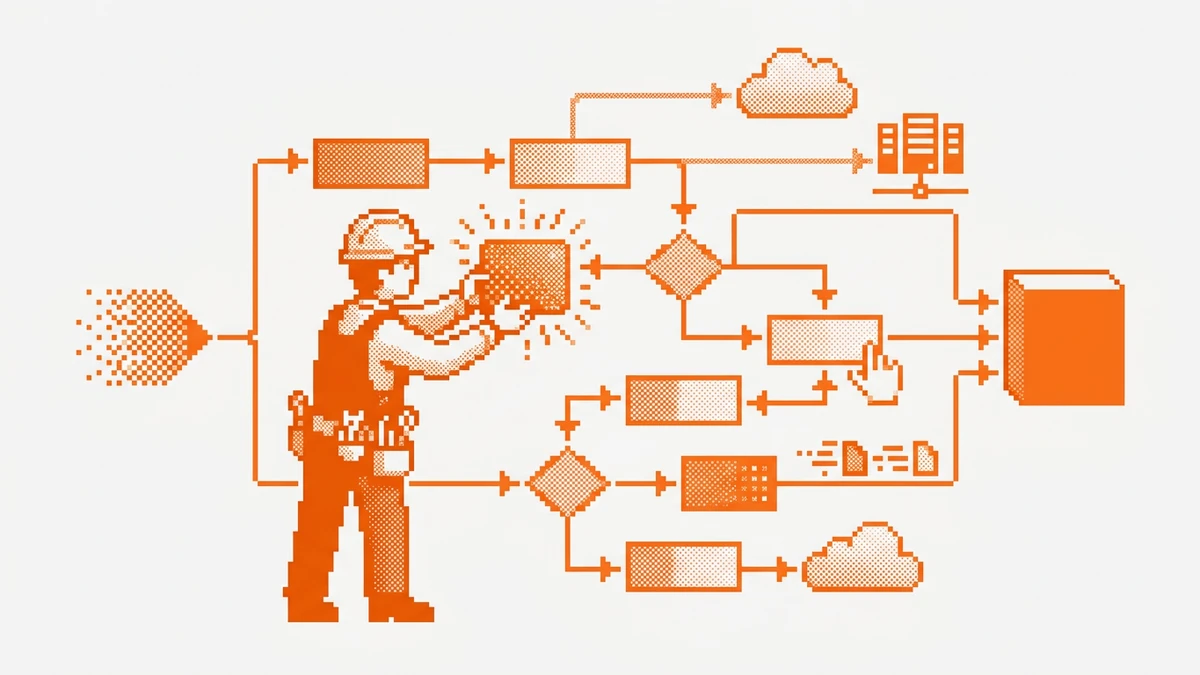Dithered pixel-art of an engineer building a workflow diagram